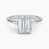 Aria Perfect Fit Three Stone Diamond Engagement Ring with a Emerald cut diamond in white gold — top view