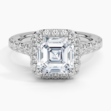 Sienna Halo Half Coverage Diamond Engagement Ring with a Asscher cut diamond in white gold — top view