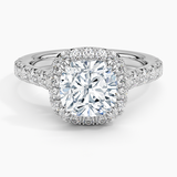 Sienna Halo Half Coverage Diamond Engagement Ring with a Cushion cut diamond in white gold — top view