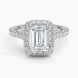 Sienna Halo Half Coverage Diamond Engagement Ring with a Emerald cut diamond in white gold — top view