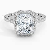 Sienna Halo Half Coverage Diamond Engagement Ring with a Radiant cut diamond in white gold — top view