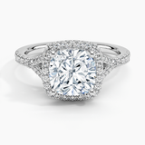 Joy Half-Coverage Diamond Engagement Ring with a Cushion cut diamond in white gold — top view