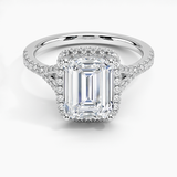 Joy Half-Coverage Diamond Engagement Ring with a Emerald cut diamond in white gold — top view