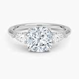 Opera Three Stone Diamond Engagement Ring with a Cushion cut diamond in white gold — top view