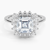 Sunburst Halo Diamond Engagement Ring with a Asscher cut diamond in white gold — top view