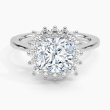 Sunburst Halo Diamond Engagement Ring with a Cushion cut diamond in white gold — top view