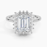 Sunburst Halo Diamond Engagement Ring with a Emerald cut diamond in white gold — top view