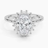 Sunburst Halo Diamond Engagement Ring with a Oval cut diamond in white gold — top view