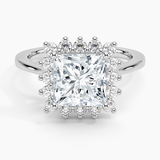 Sunburst Halo Diamond Engagement Ring with a Princess cut diamond in white gold — top view