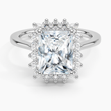 Sunburst Halo Diamond Engagement Ring with a Radiant cut diamond in white gold — top view