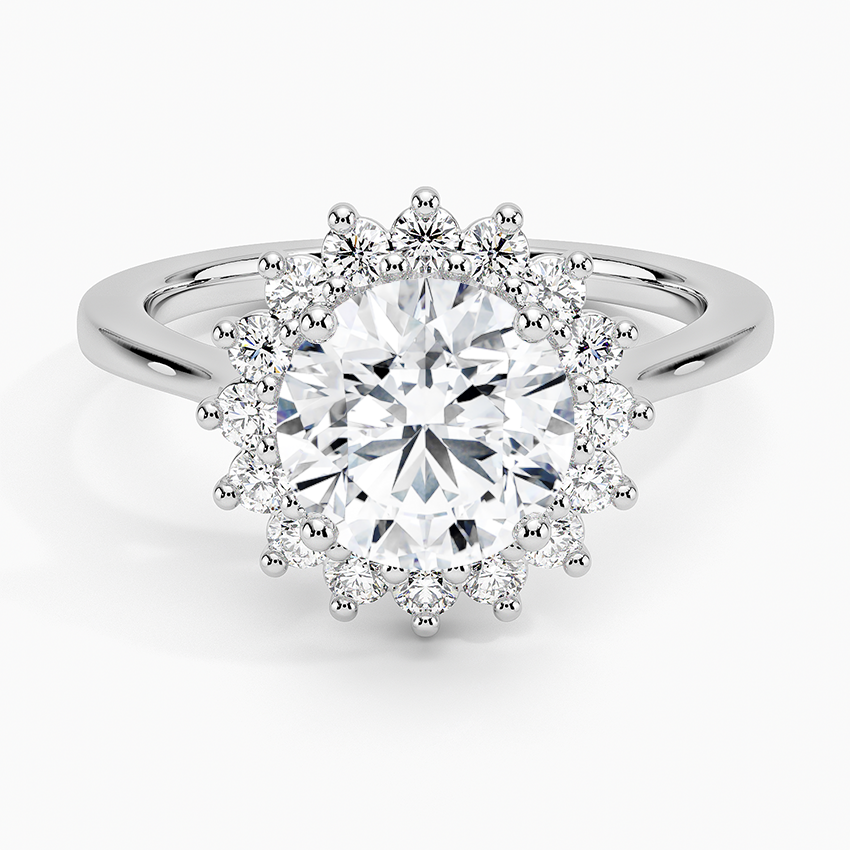 Sunburst Halo Diamond Engagement Ring with a Round cut diamond in white gold — top view