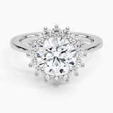 Sunburst Halo Diamond Engagement Ring with a Round cut diamond in white gold — top view