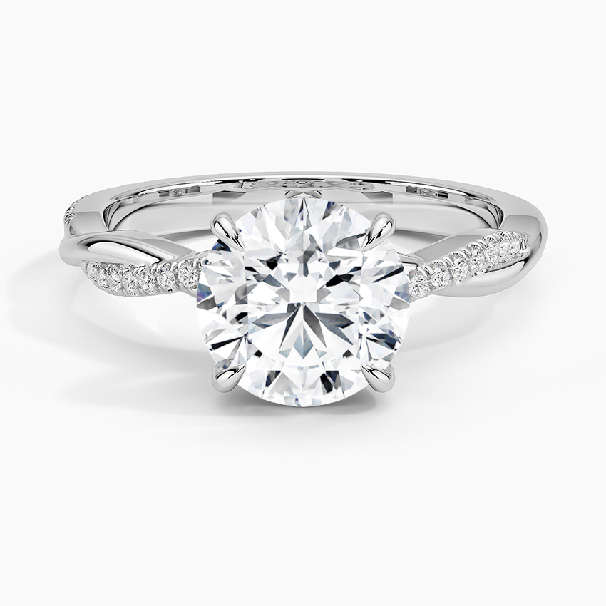 Petite Twisted Vine Diamond Engagement Ring with a Round cut diamond in white gold — top view