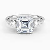 Trellis Three Stone Pear Diamond Engagement Ring with a Asscher cut diamond in white gold — top view