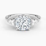 Trellis Three Stone Pear Diamond Engagement Ring with a Cushion cut diamond in white gold — top view