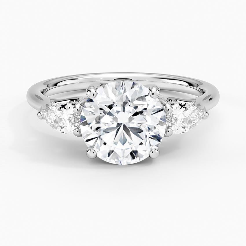 Trellis Three Stone Pear Diamond Engagement Ring with a Round cut diamond in white gold — top view