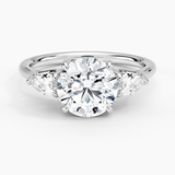 Trellis Three Stone Pear Diamond Engagement Ring with a Round cut diamond in white gold — top view