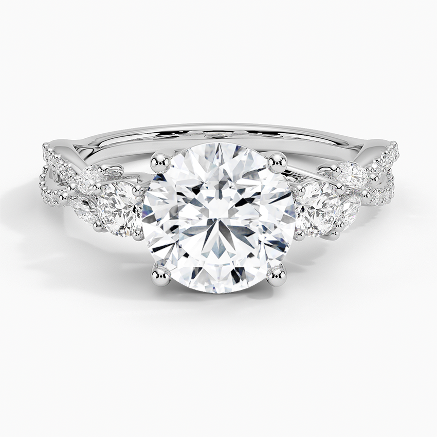 Luxe Willow Three Stone Diamond Engagement Ring with a Round cut diamond in white gold — top view