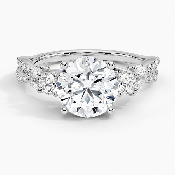 Luxe Willow Three Stone Diamond Engagement Ring with a Round cut diamond in white gold — top view