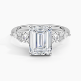 Nadia Three Stone Diamond Engagement Ring with a Emerald cut diamond in white gold — top view