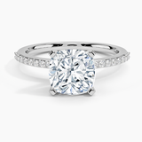 Delicate Shared Prong Diamond Engagement Ring with a Cushion cut diamond in white gold — top view