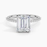 Delicate Shared Prong Diamond Engagement Ring with a Emerald cut diamond in white gold — top view