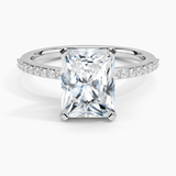 Delicate Shared Prong Diamond Engagement Ring with a Radiant cut diamond in white gold — top view