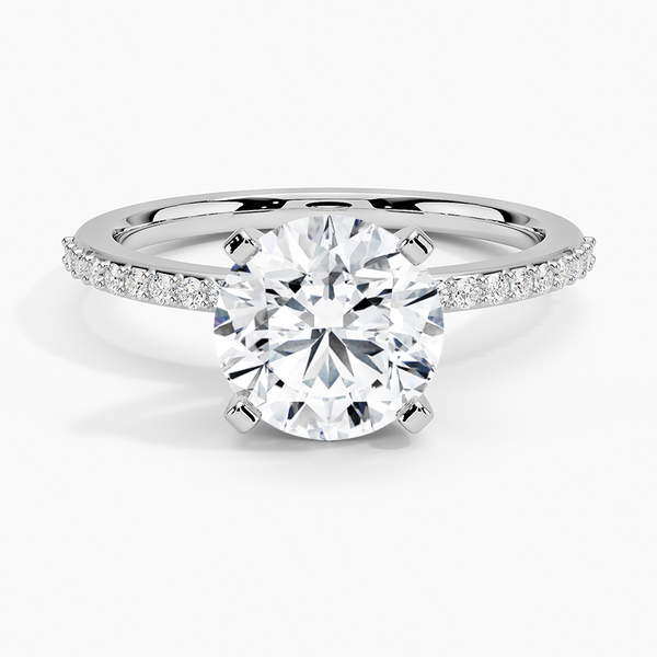 Delicate Shared Prong Diamond Engagement Ring with a Round cut diamond in white gold — top view
