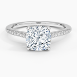 Lissome Half-Coverage Diamond Engagement Ring with a Cushion cut diamond in white gold — top view