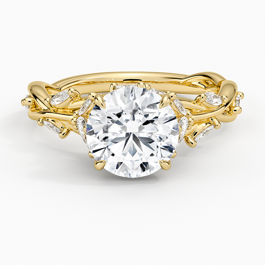 Secret Garden Diamond Engagement Ring with a Round cut diamond in yellow gold — top view