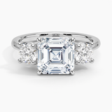 Luxe Selene Three Stone Diamond Engagement Ring with a Asscher cut diamond in white gold — top view
