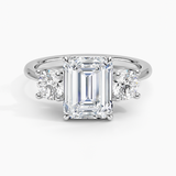 Luxe Selene Three Stone Diamond Engagement Ring with a Emerald cut diamond in white gold — top view