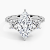 Luxe Selene Three Stone Diamond Engagement Ring with a Marquise cut diamond in white gold — top view