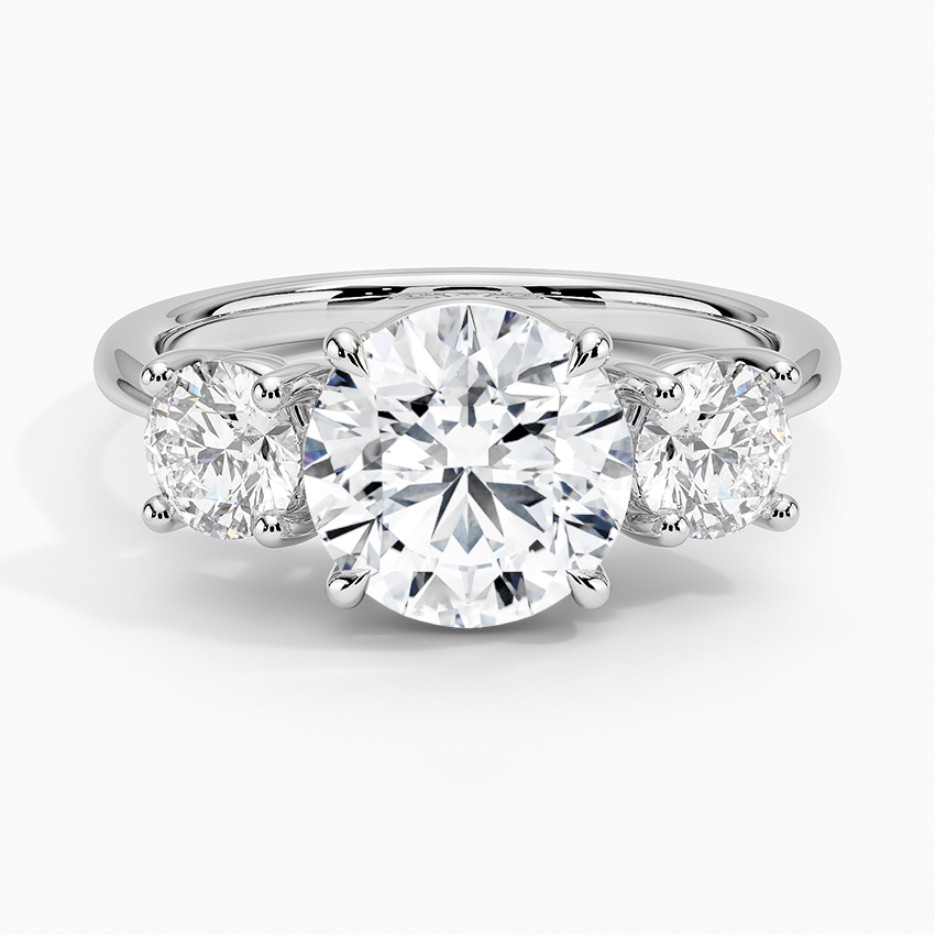 Luxe Selene Three Stone Diamond Engagement Ring with a Round cut diamond in white gold — top view