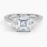 Amelie Three Stone Diamond Engagement Ring with a Asscher cut diamond in white gold — top view