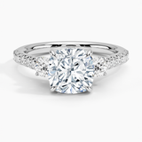 Amelie Three Stone Diamond Engagement Ring with a Cushion cut diamond in white gold — top view