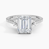 Amelie Three Stone Diamond Engagement Ring with a Emerald cut diamond in white gold — top view