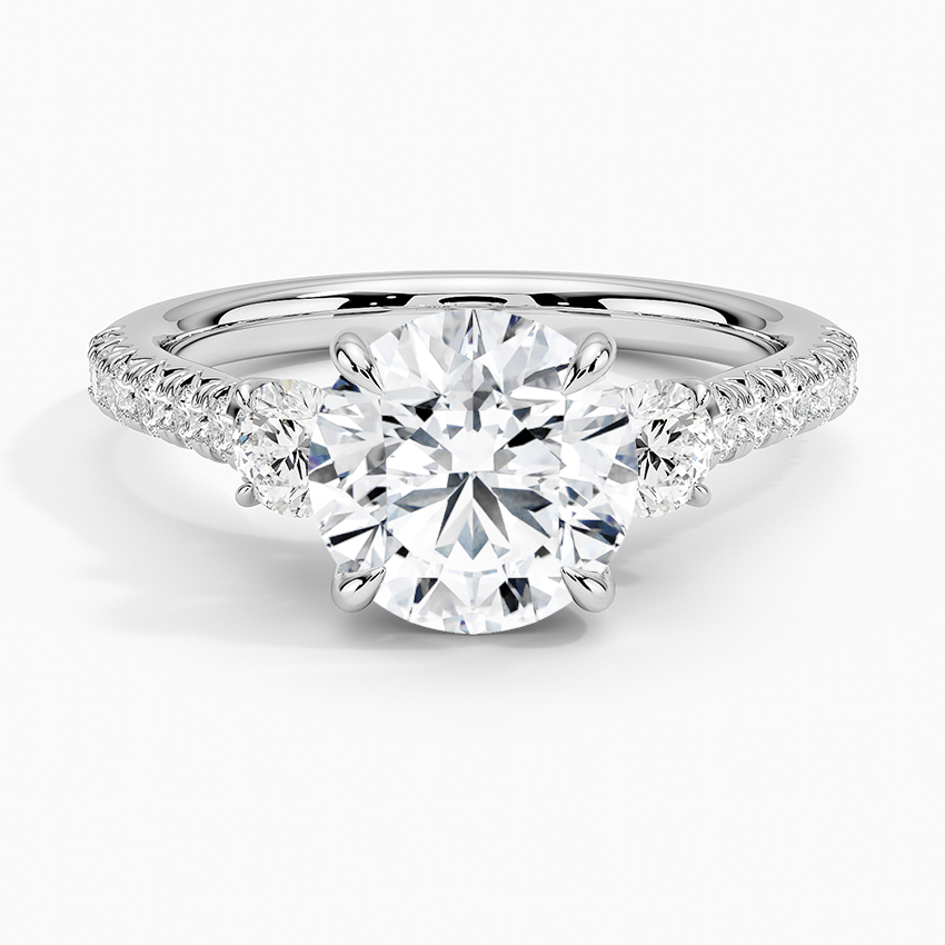 Amelie Three Stone Diamond Engagement Ring with a Round cut diamond in white gold — top view