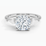 Luxe Cometa Three Stone Diamond Engagement Ring with a Cushion cut diamond in white gold — top view