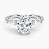 Luxe Cometa Three Stone Diamond Engagement Ring with a Oval cut diamond in white gold — top view