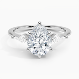 Luxe Cometa Three Stone Diamond Engagement Ring with a Pear cut diamond in white gold — top view