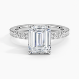 Olympia Half Coverage Diamond Engagement Ring with a Emerald cut diamond in white gold — top view