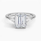 Adorned Petite Opera Three Stone Diamond Engagement Ring with a Emerald cut diamond in white gold — top view