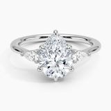 Adorned Petite Opera Three Stone Diamond Engagement Ring with a Pear cut diamond in white gold — top view