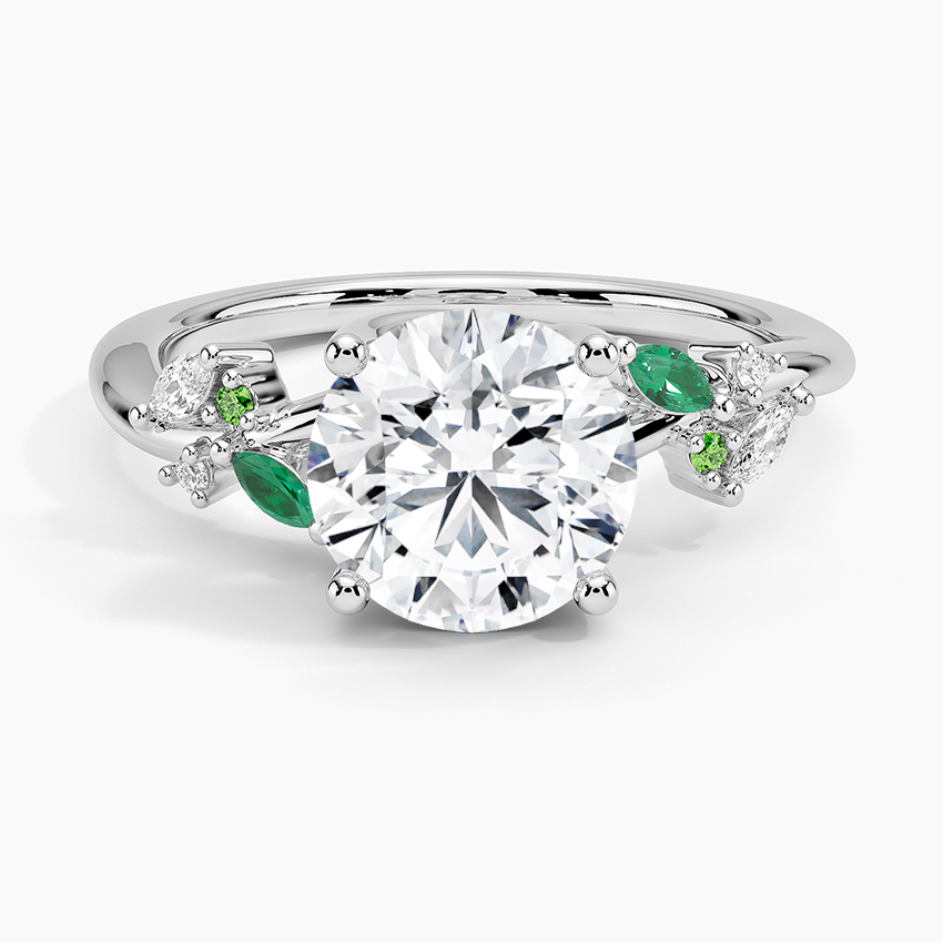 Arden Diamond Engagement Ring with Lab Emerald Accents with a Round cut diamond in white gold — top view