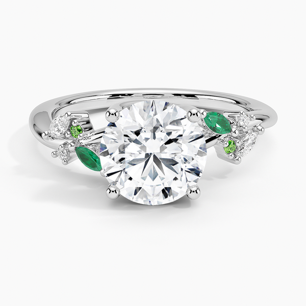 Arden Diamond Engagement Ring with Lab Emerald Accents with a Round cut diamond in white gold — top view