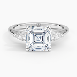 Fleur Three Stone Diamond Engagement Ring with a Asscher cut diamond in white gold — top view