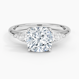 Fleur Three Stone Diamond Engagement Ring with a Cushion cut diamond in white gold — top view