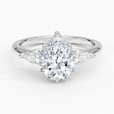 Fleur Three Stone Diamond Engagement Ring with a Pear cut diamond in white gold — top view
