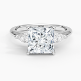 Fleur Three Stone Diamond Engagement Ring with a Princess cut diamond in white gold — top view